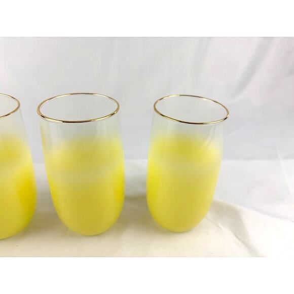 Mid Century Vintage Blendo Yellow Frosted Glass Cocktail Set of 4 Gold Rim 1950s - Picture 7 of 16